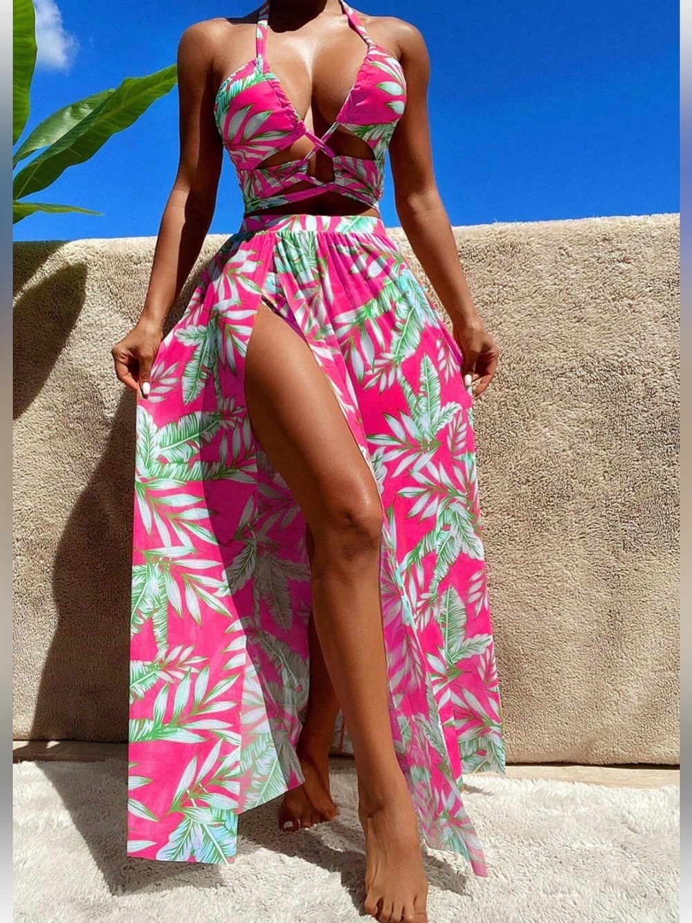 SHEIN 3 Piece Tropical Palm Print Bikini Set & Maxi Cover Up Skirt NWOT Size S